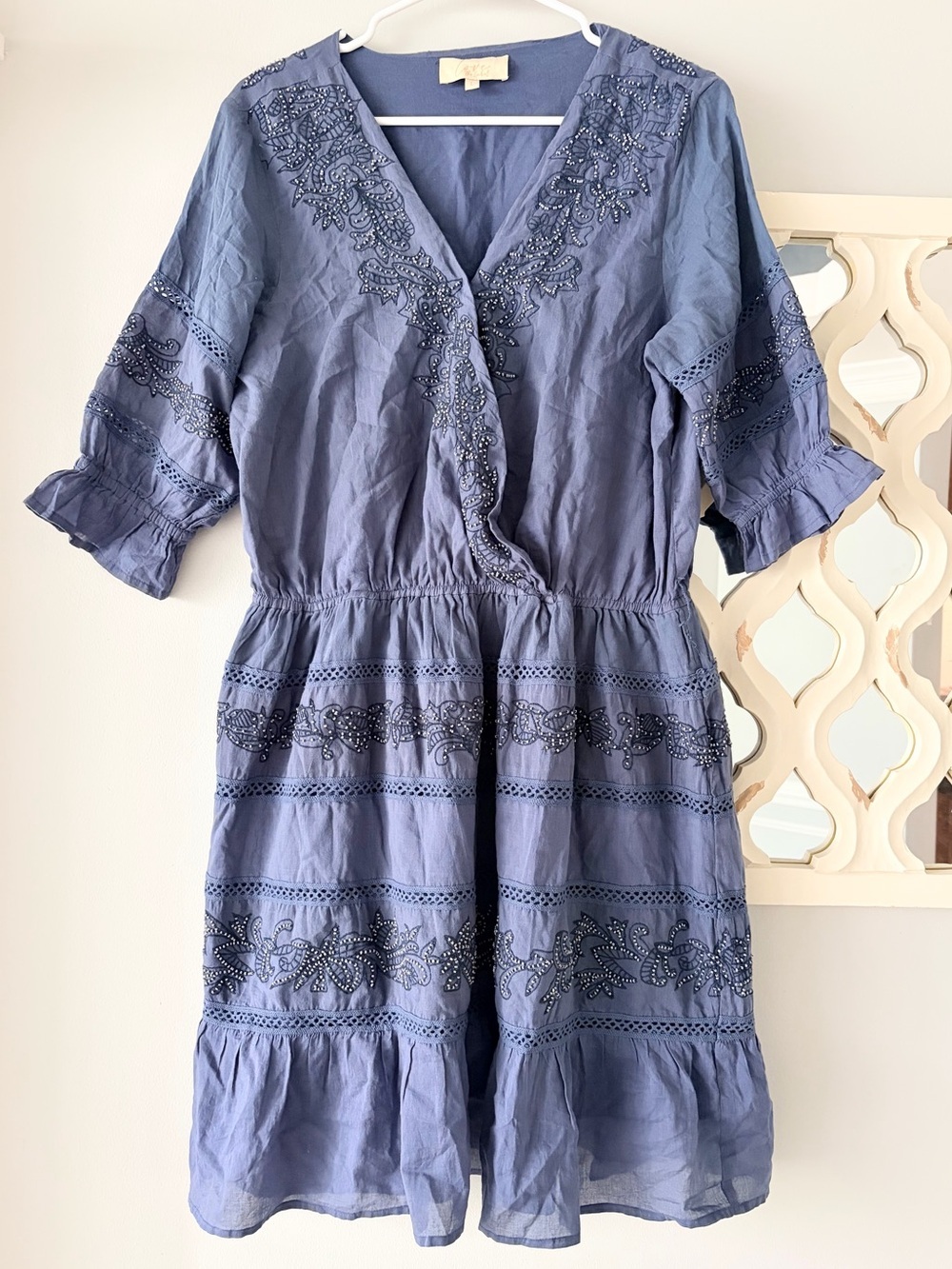 Love The Label Boho Beaded Tiered Dusty Blue Prairie Mini Dress Fall Family Pics